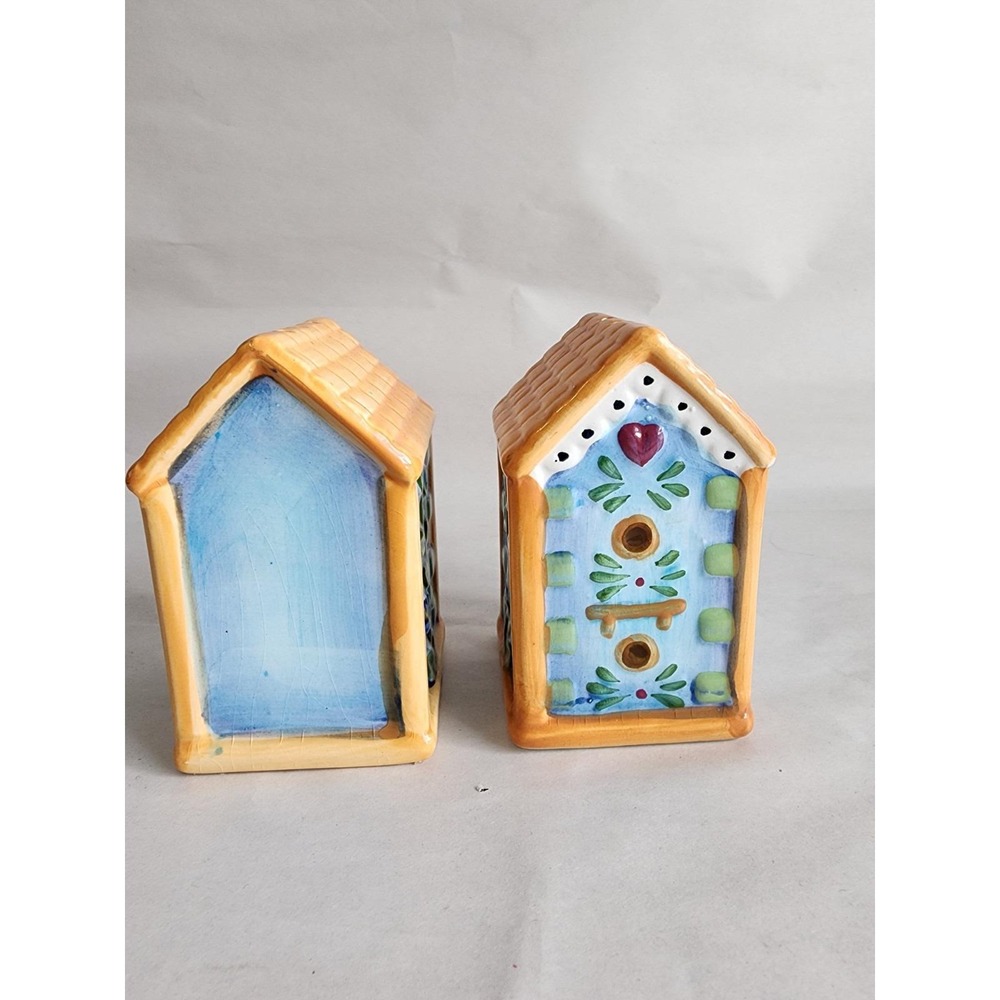 Vintage Ceramic Birdhouse Salt and Pepper Shakers Set Hand Painted Blue Orange